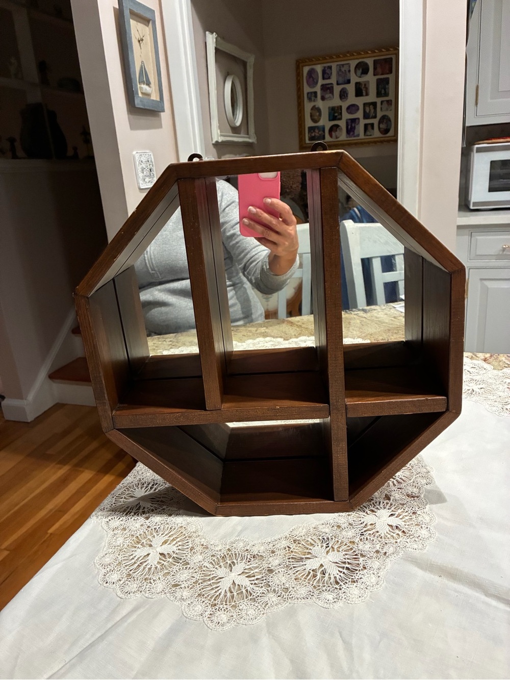 Vintage  wooden octagonal shadow box or curio wall shelf